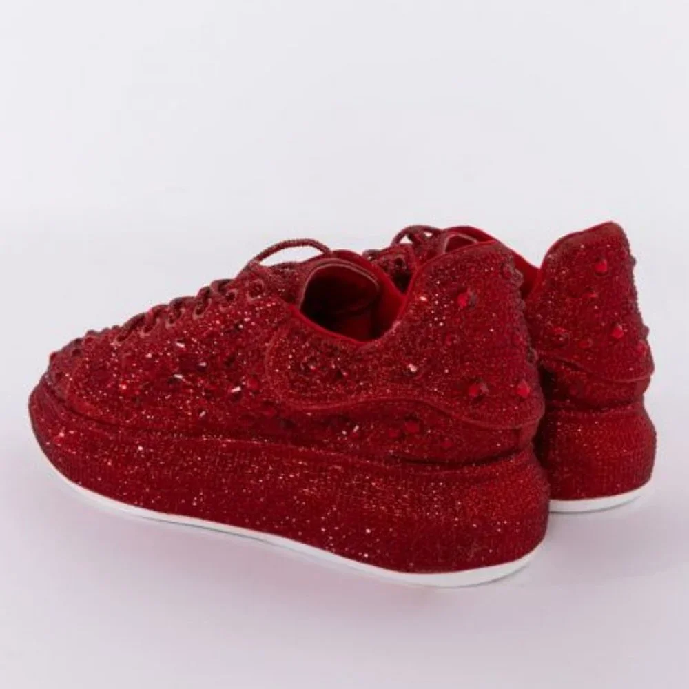 AZALEA WANG BLINGED OUT FLAT SNEAKER IN RED - Picture 3 of 8